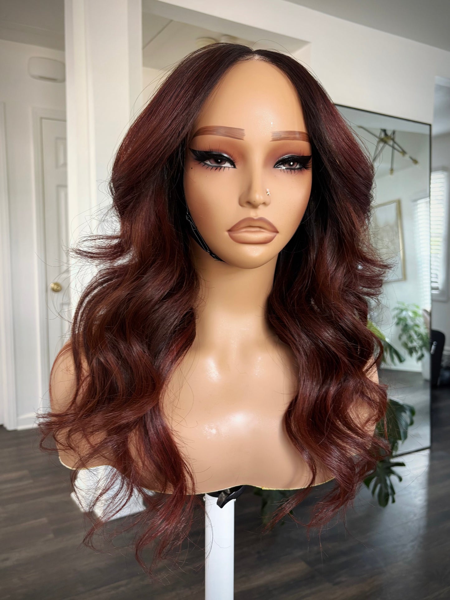 The AP Wig Unit-Plum Red w/ Dark Brown Roots