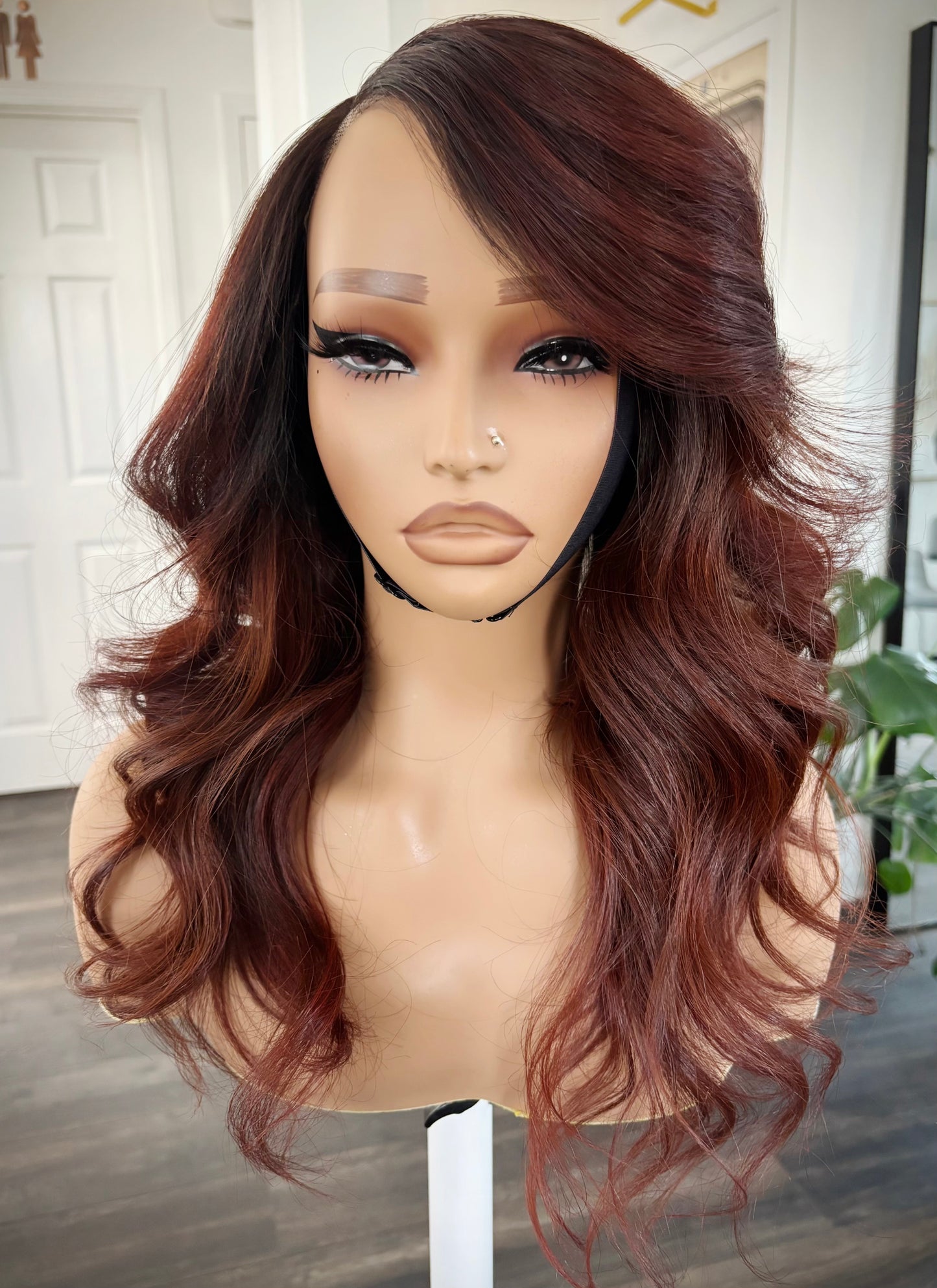 The AP Wig Unit-Plum Red w/ Dark Brown Roots