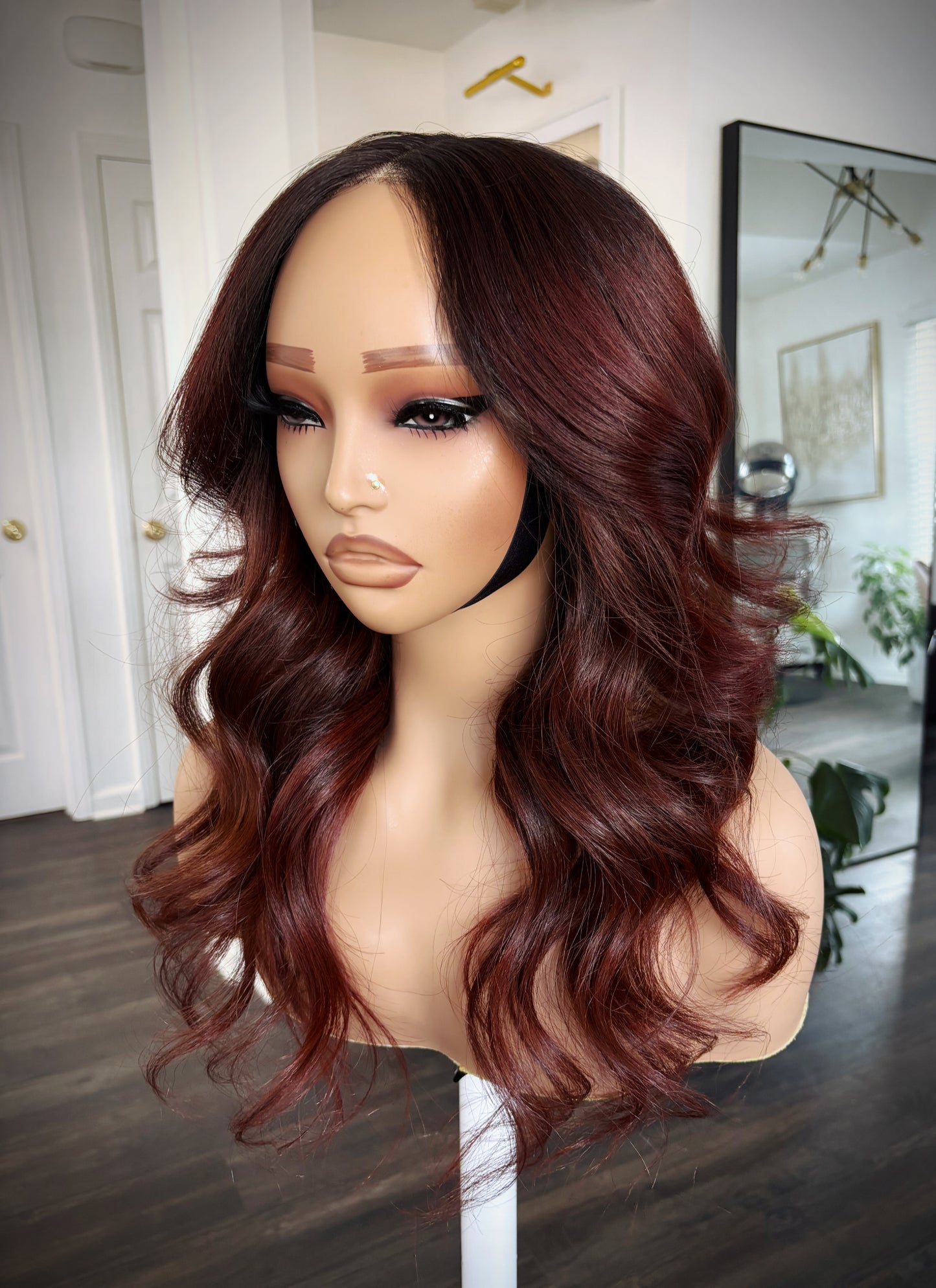The AP Wig Unit-Plum Red w/ Dark Brown Roots